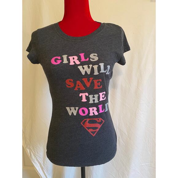 Girls Tee shirt sz 15-17 Girls will save the world Supergirl sparkly t shirt - Picture 1 of 4